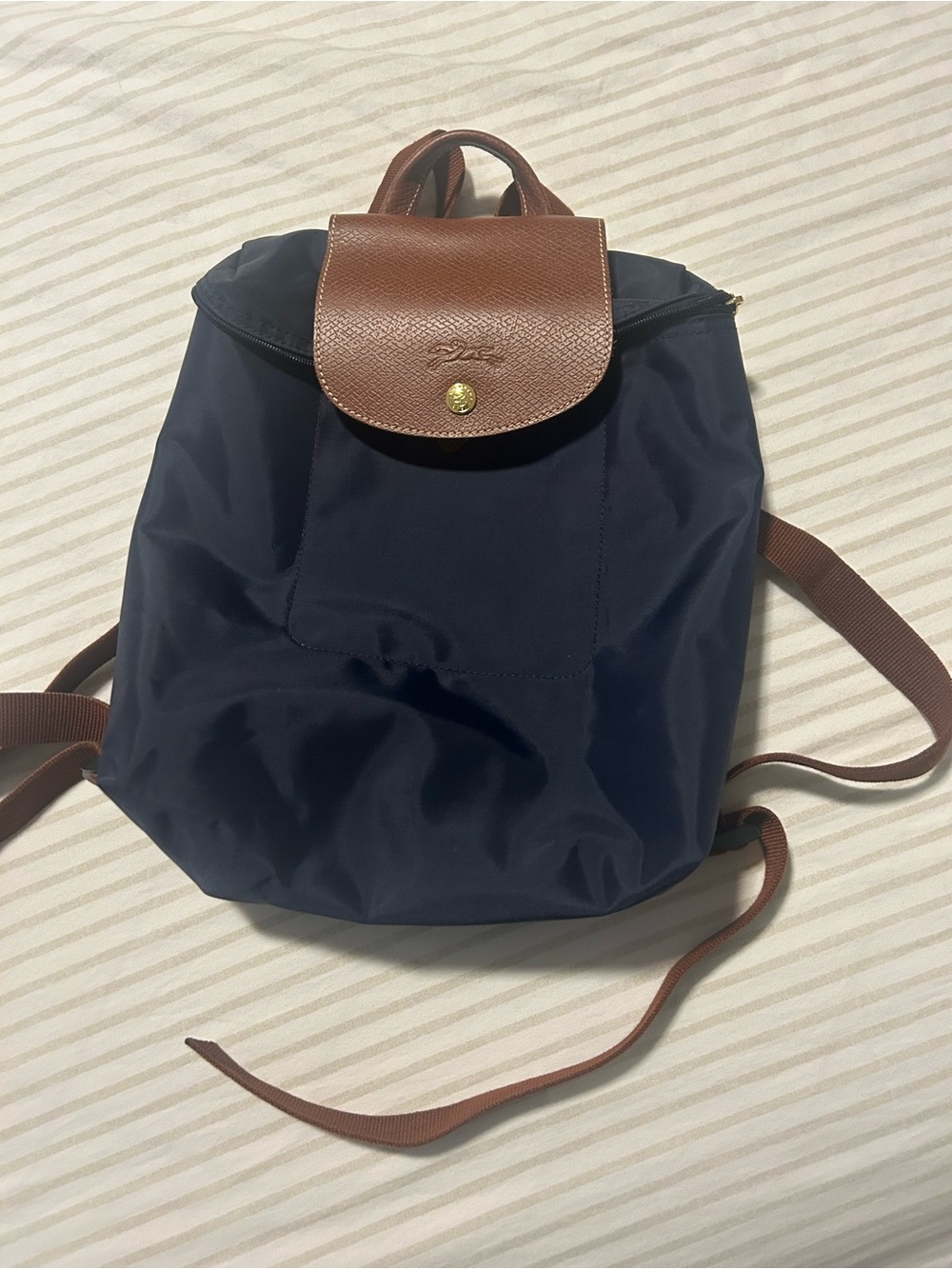 Longchamp Navy Nylon Backpack with Brown Leather Flap